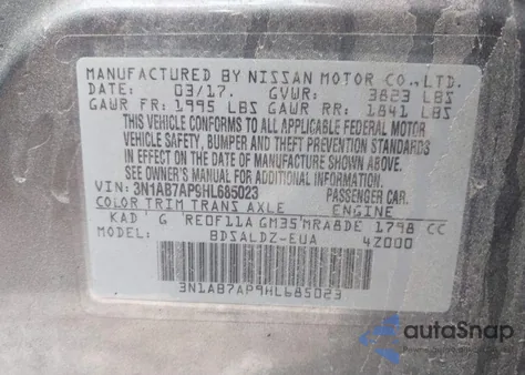 2017 Nissan Sentra Sv from USA, damaged, VIN 3N1AB7AP9HL685023